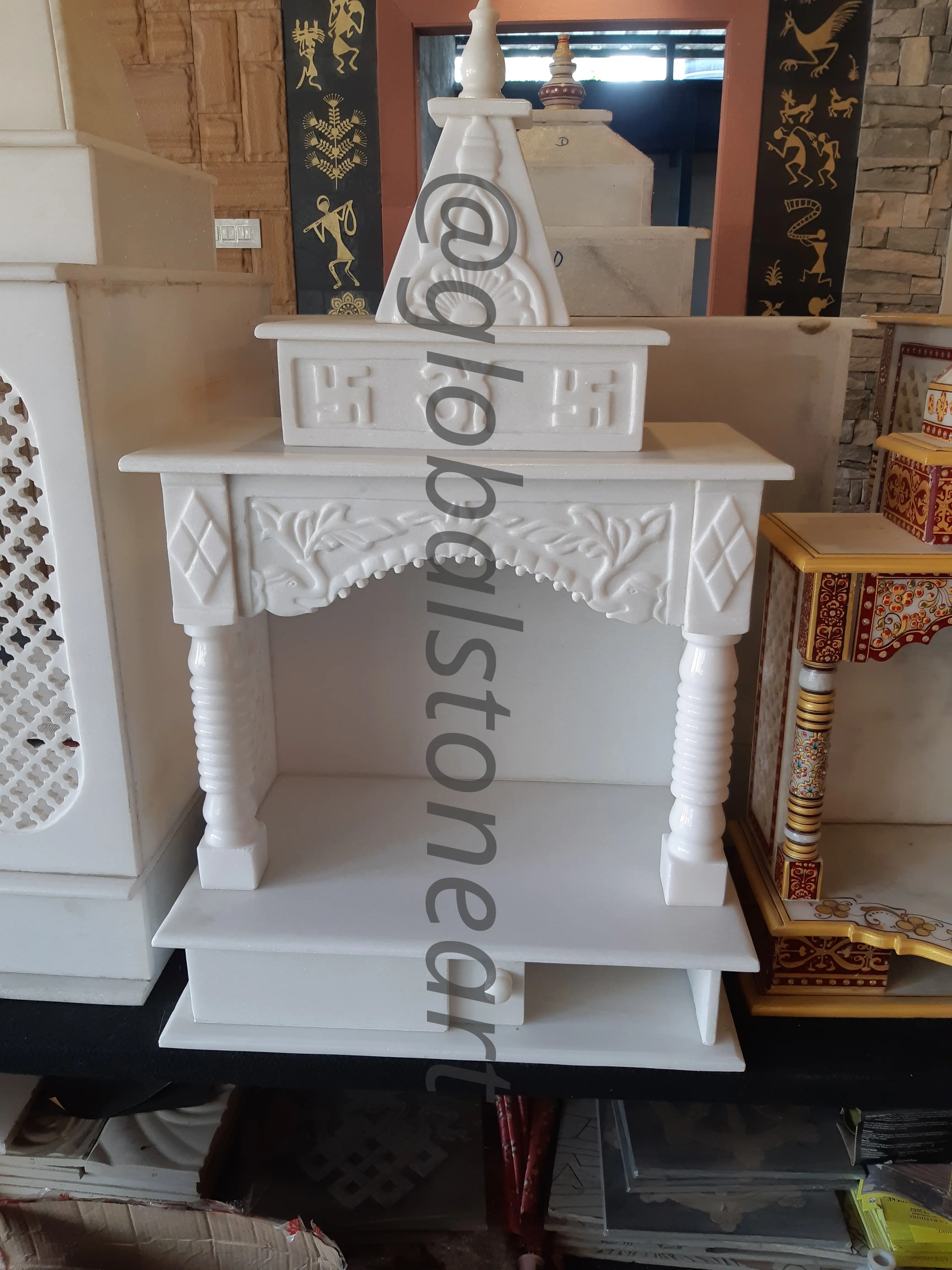 White Marble Temple with Carved Valance & Swastik