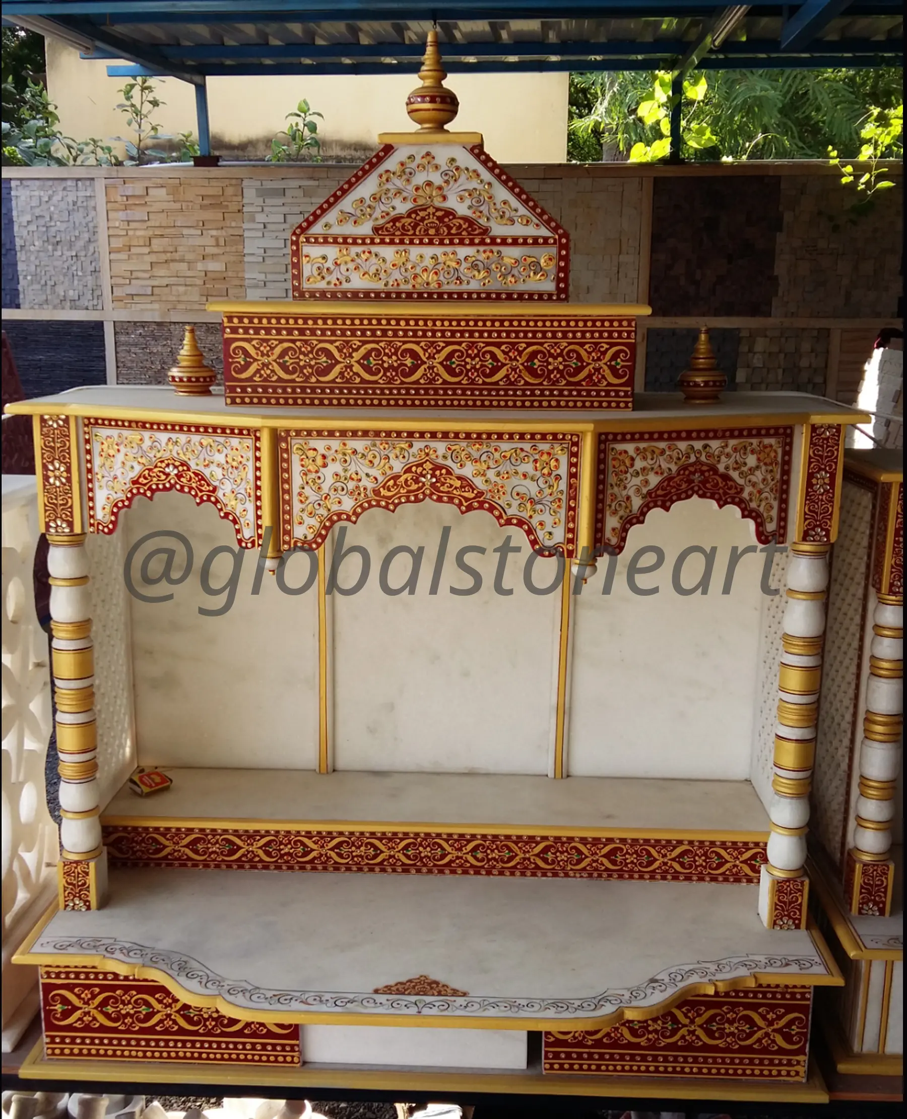 Hand-Painted Red & Gold Marble Temple for Pooja Room
