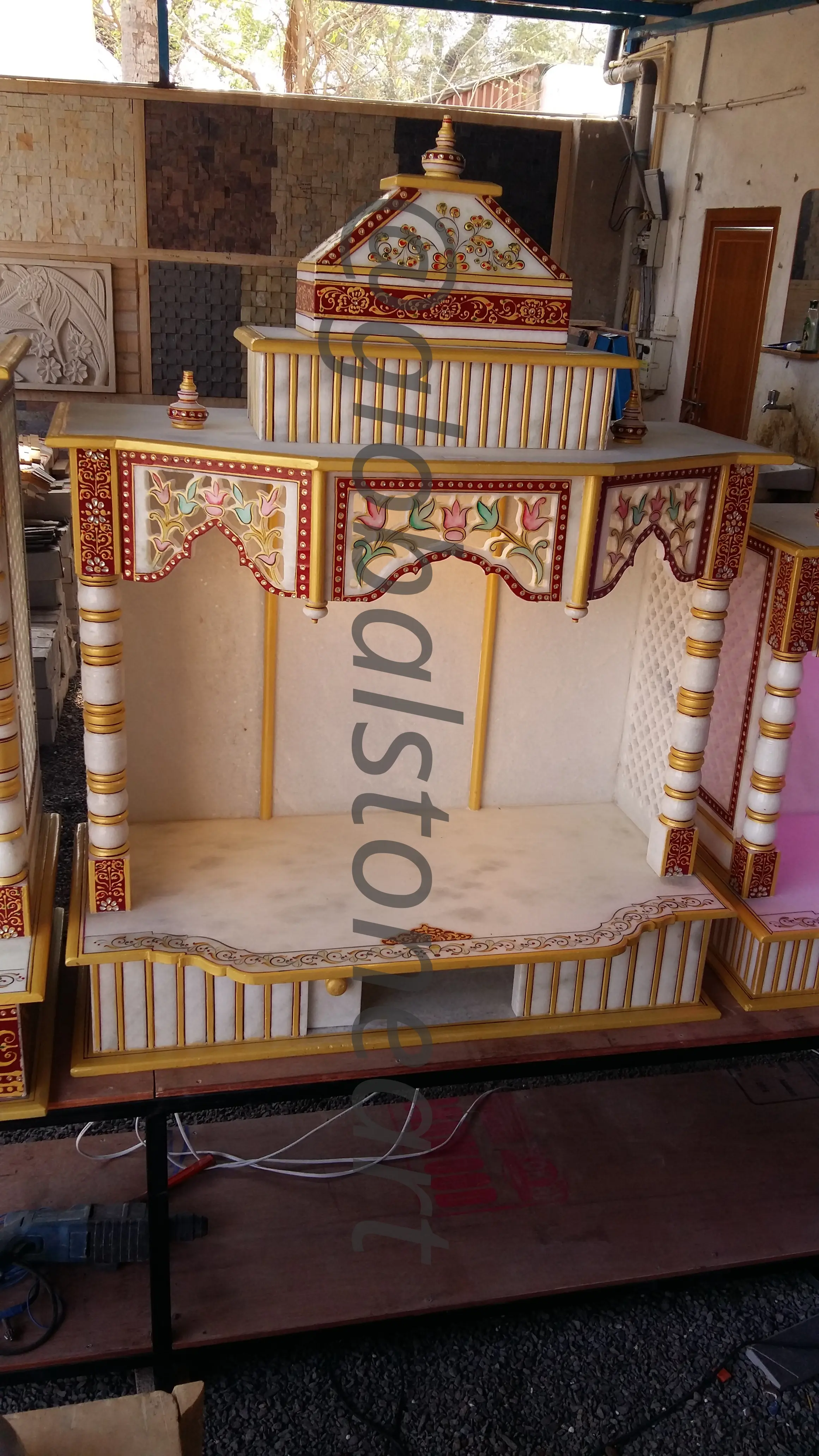Cream & Gold Hand-Painted Marble Temple with Floral Valance