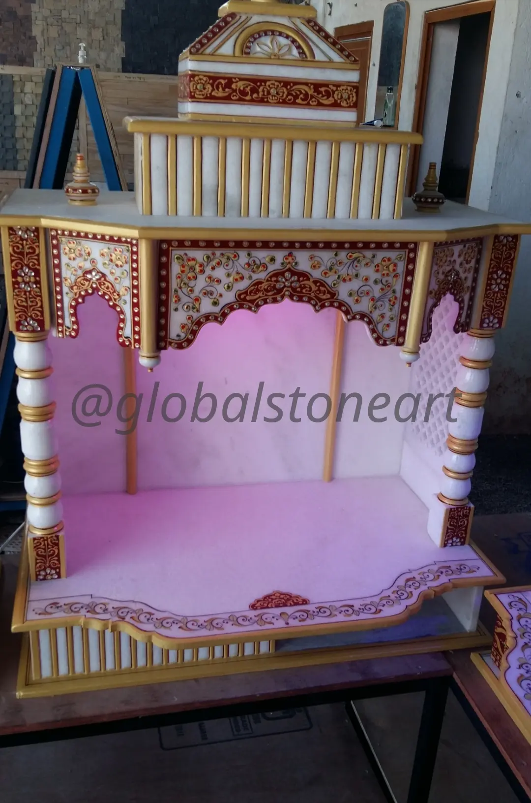 Pink & Gold Hand-Painted Marble Temple for Pooja Room