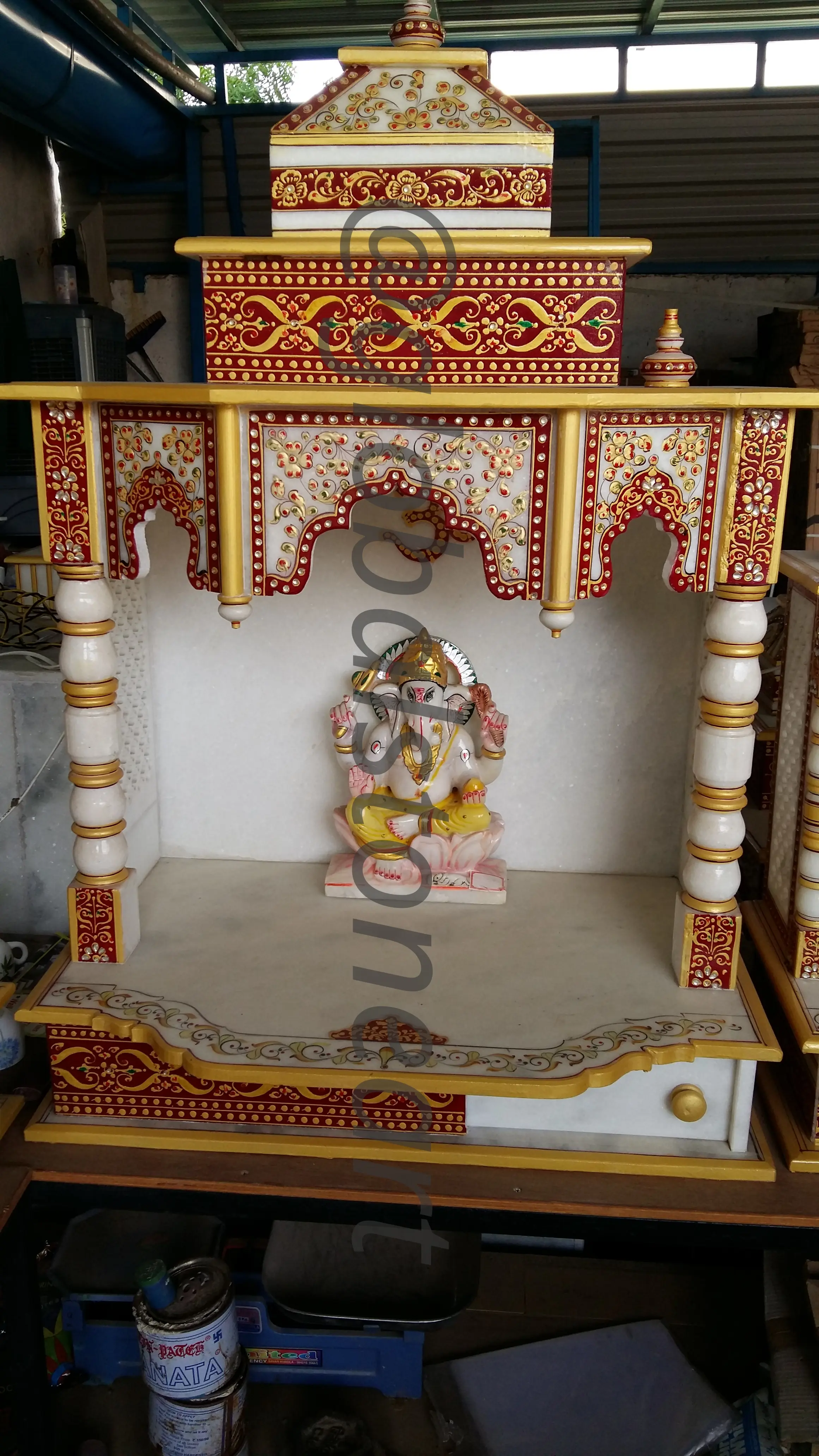 Red & Gold Marble Ganesh Temple for Home Pooja