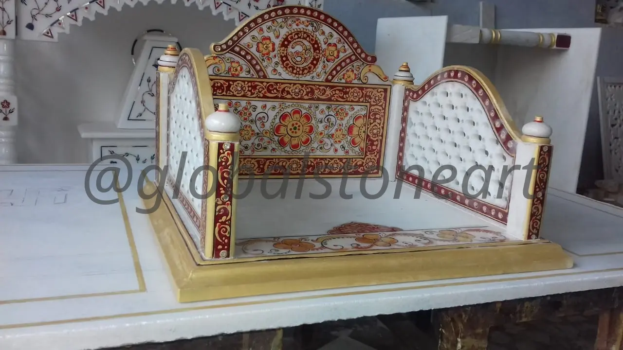 Marble Singhasan Throne with Red & Gold Inlay