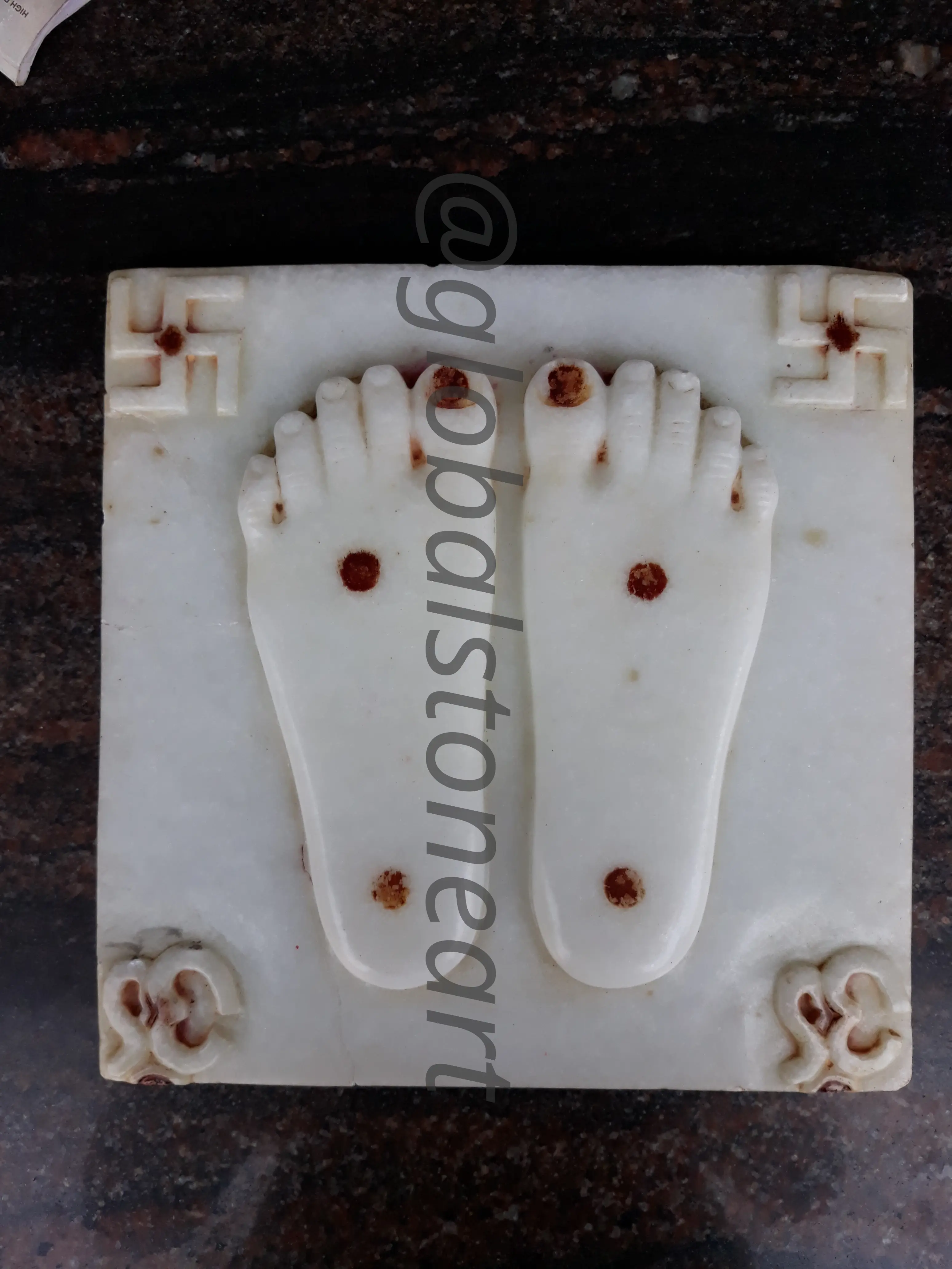 Marble Charan Paduka Holy Feet Plaque with Inlay