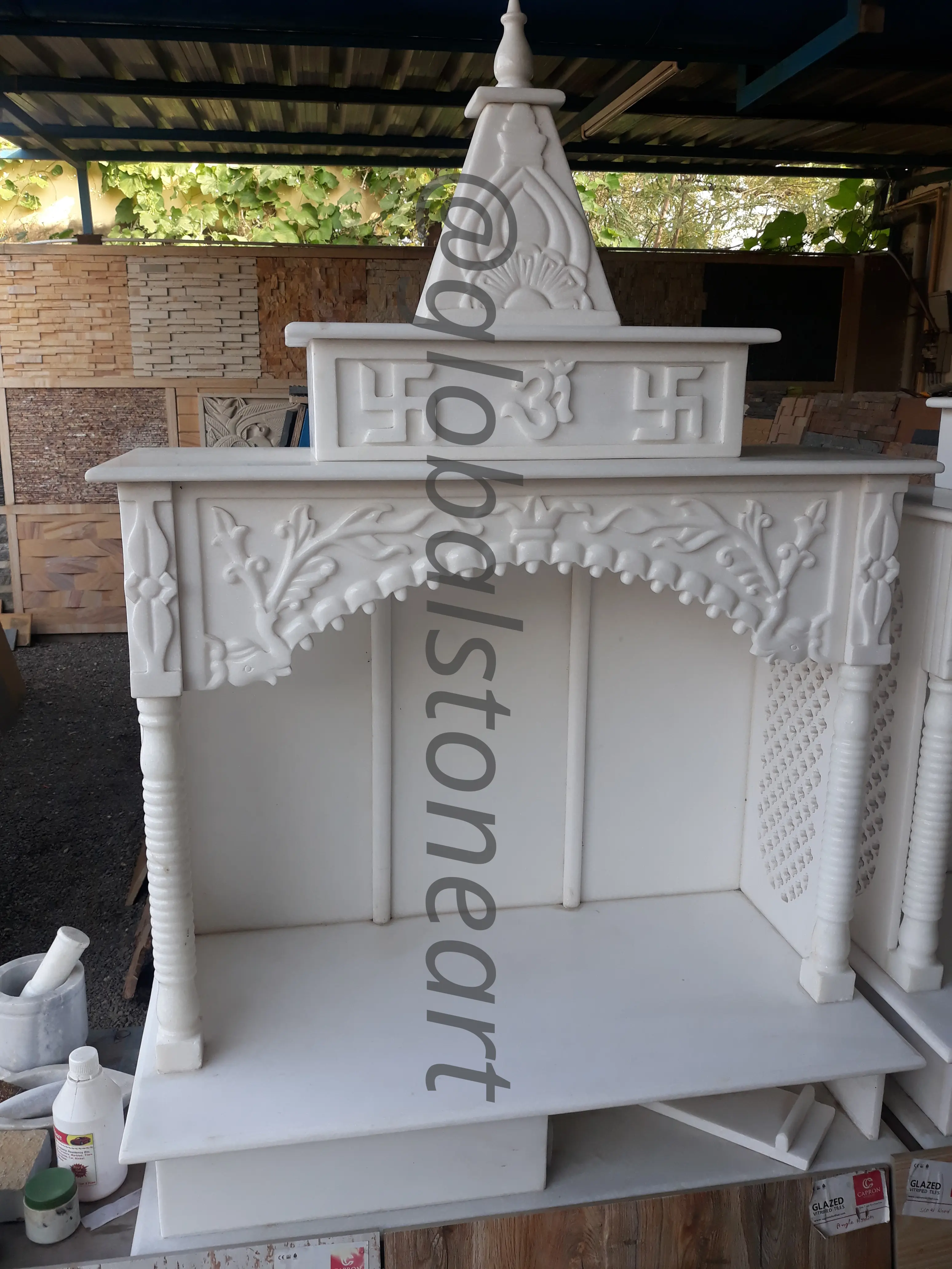 White Marble Temple with Floral Valance & Swastik Shikhar