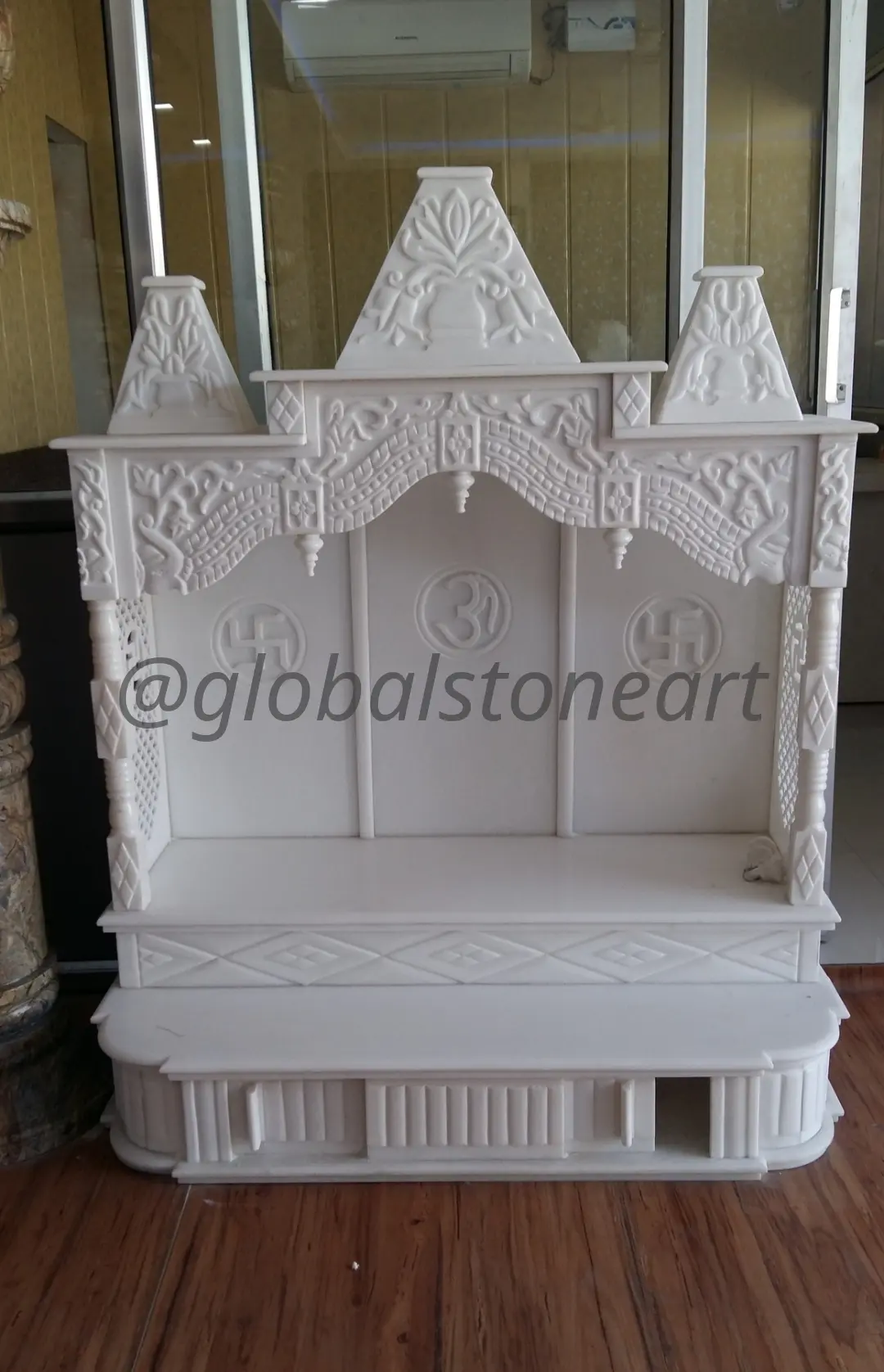 Heavily Carved White Marble Temple with Om & Swastik