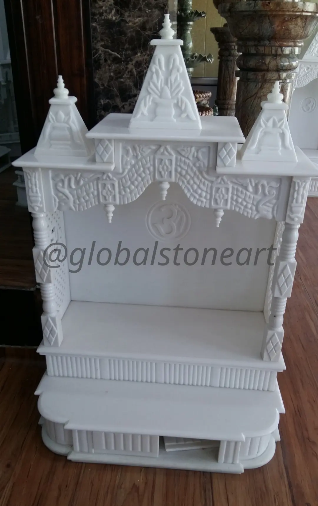 White Marble Temple with Om & Fluted Base