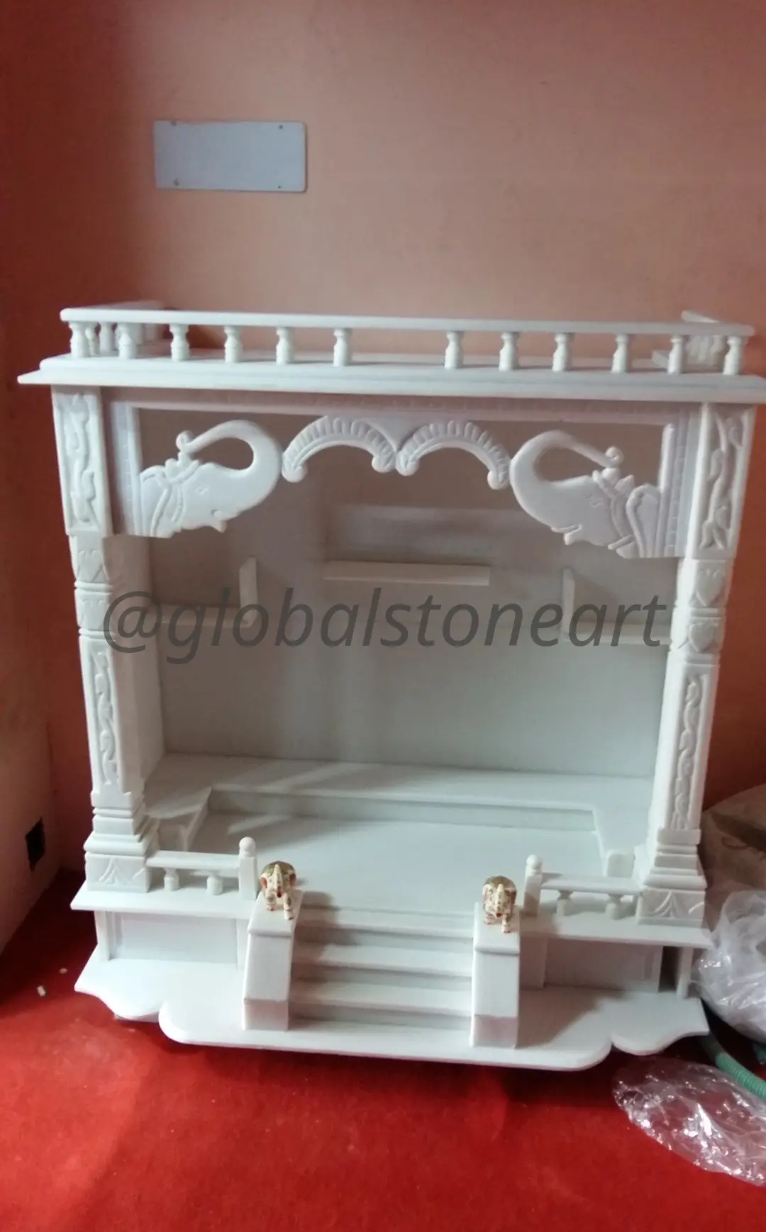 White Marble Temple with Peacock Arch & Railing Top