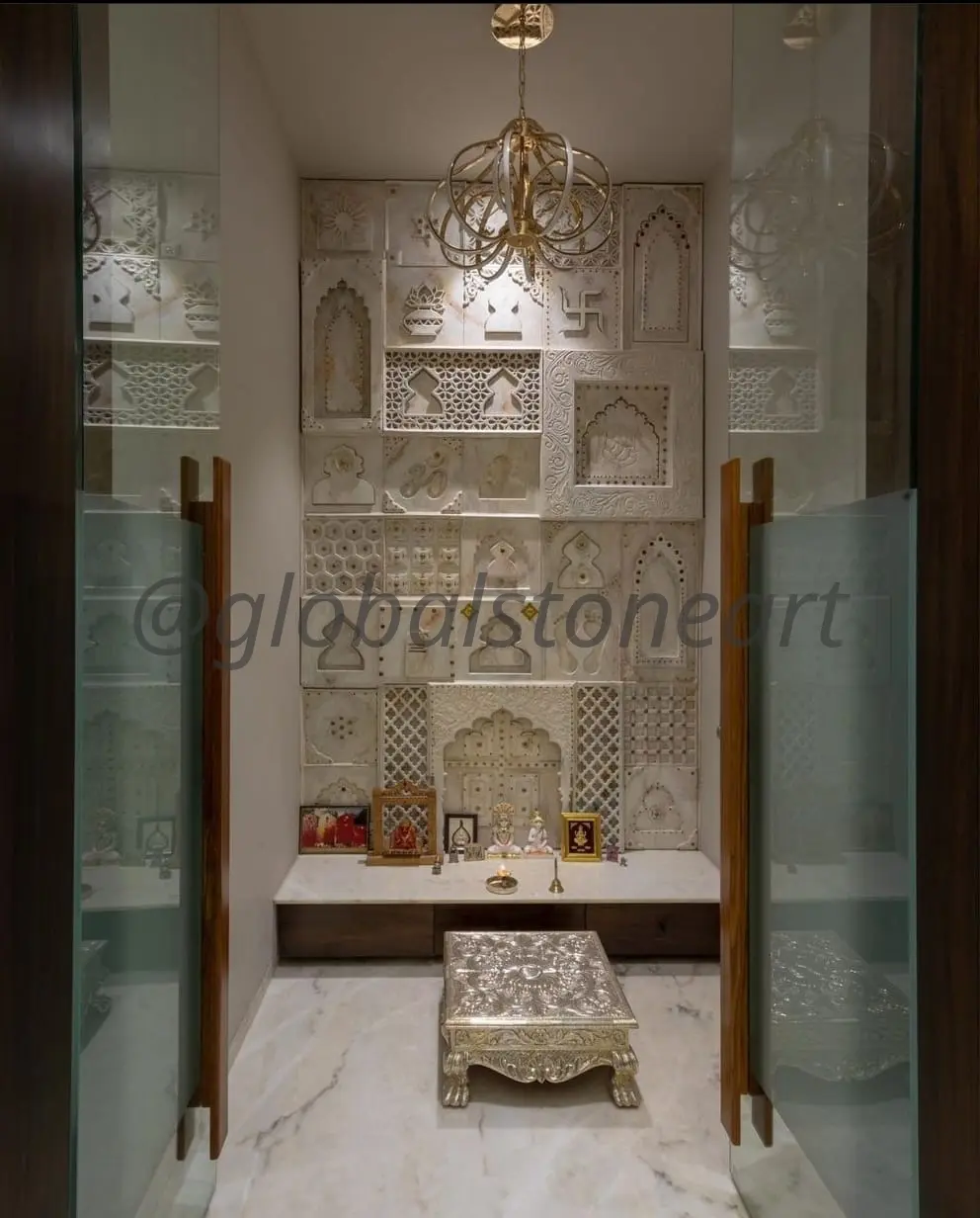 Marble Pooja Room with Carved Jali Wall & Silver Throne