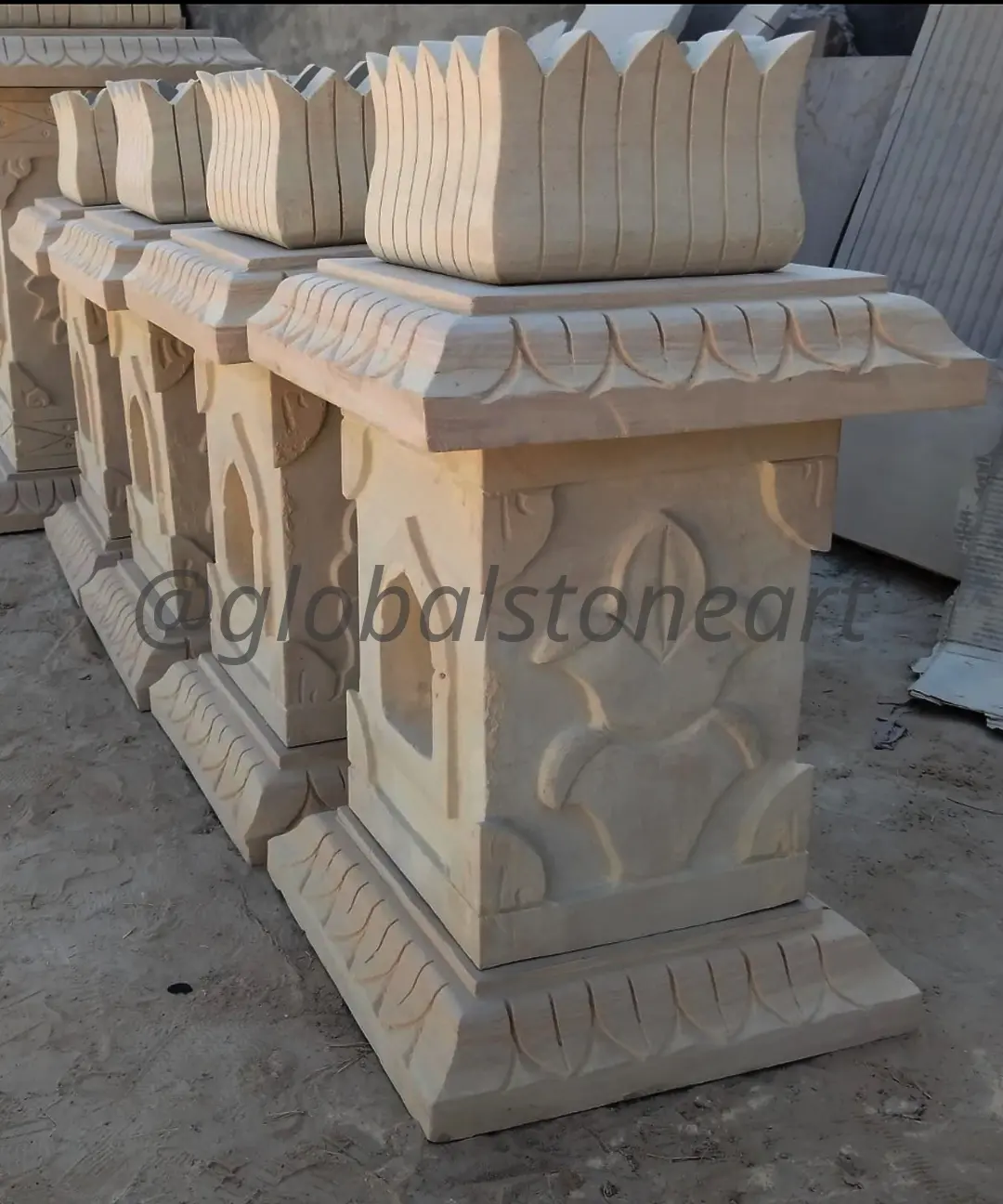 Carved Sandstone Tulsi Pota Row with Lotus & Diya Crown