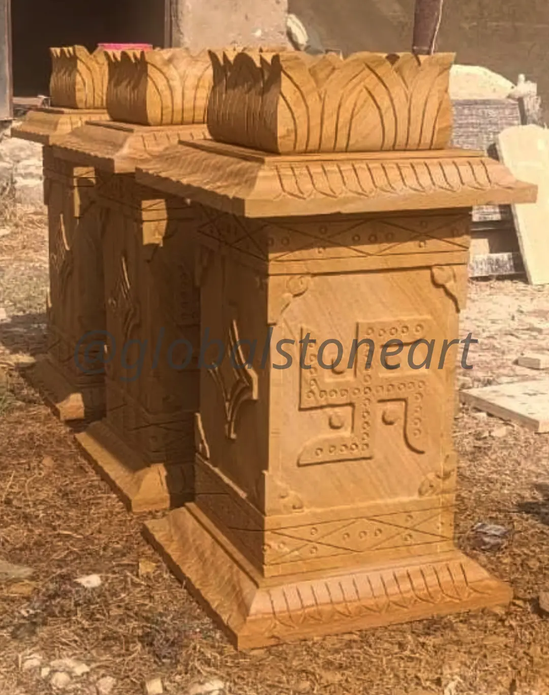 Golden Sandstone Tulsi Pota with Lotus Crown & Swastika
