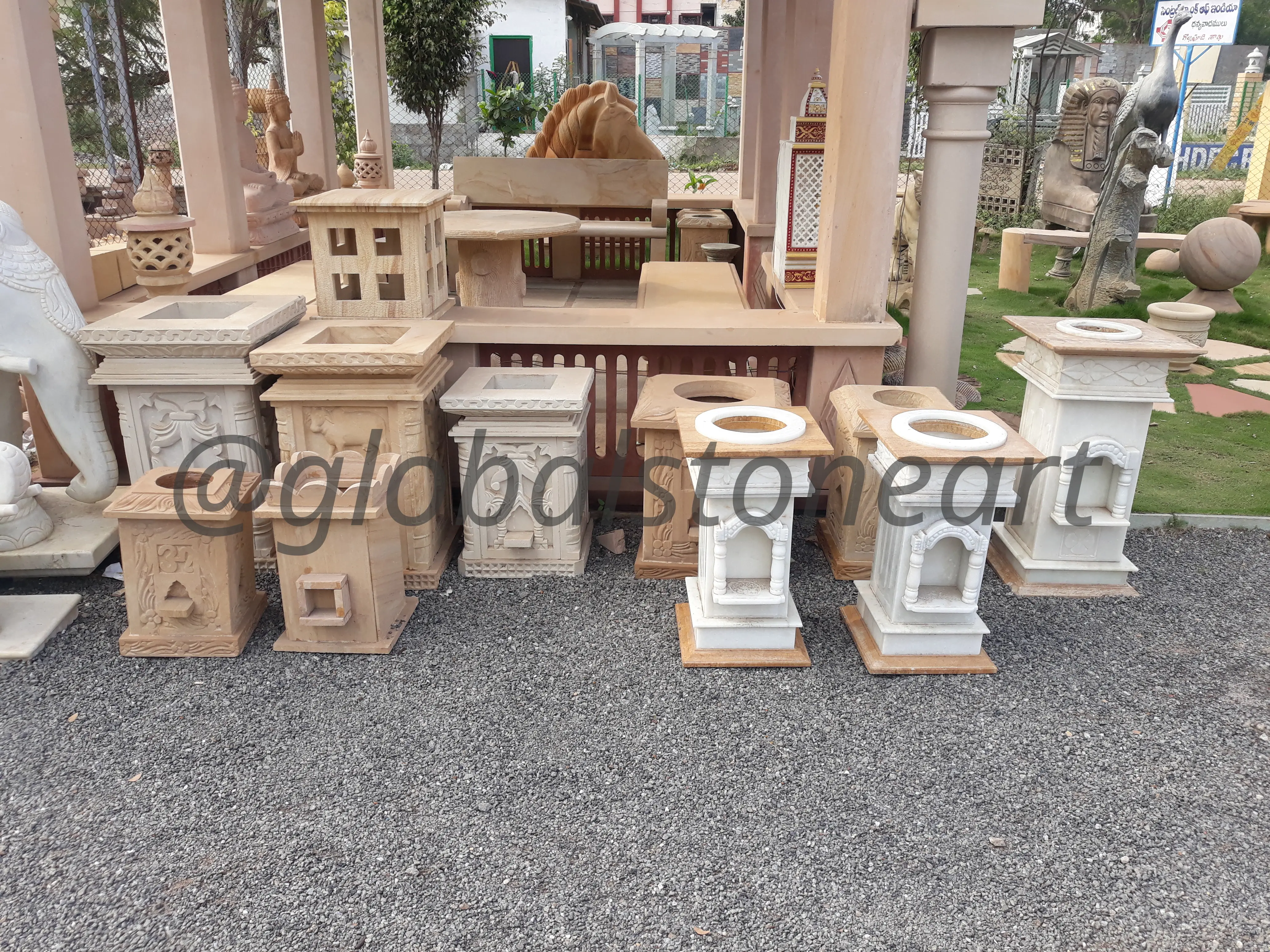 Carved Sandstone & Marble Tulsi Pota Collection for Garden