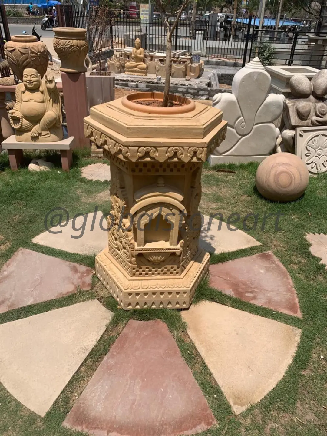 Hexagonal Carved Sandstone Tulsi Vrindavan with Temple Niche