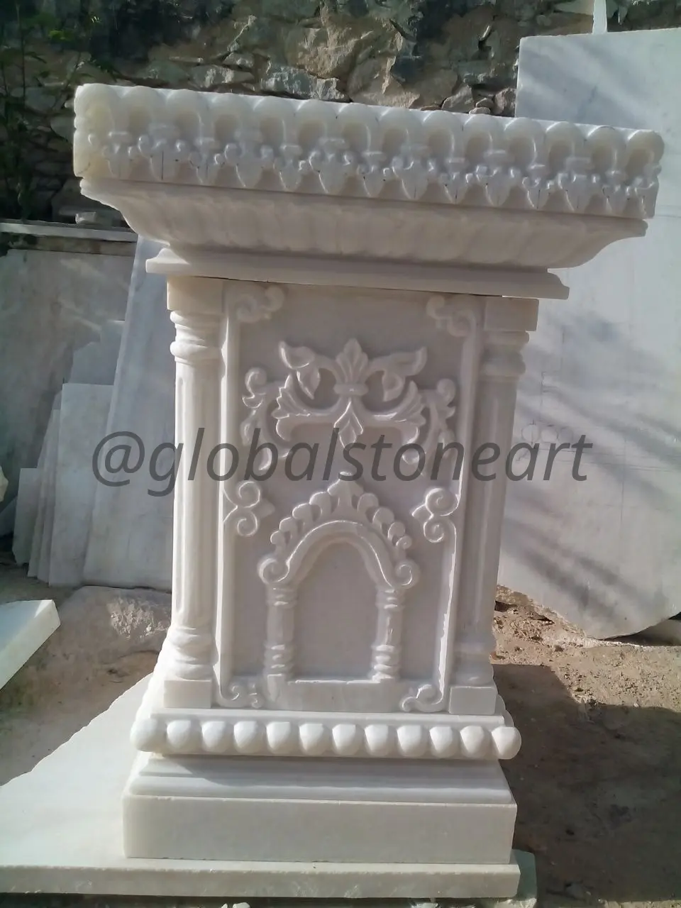 White Marble Tulsi Pota with Arched Temple Carving