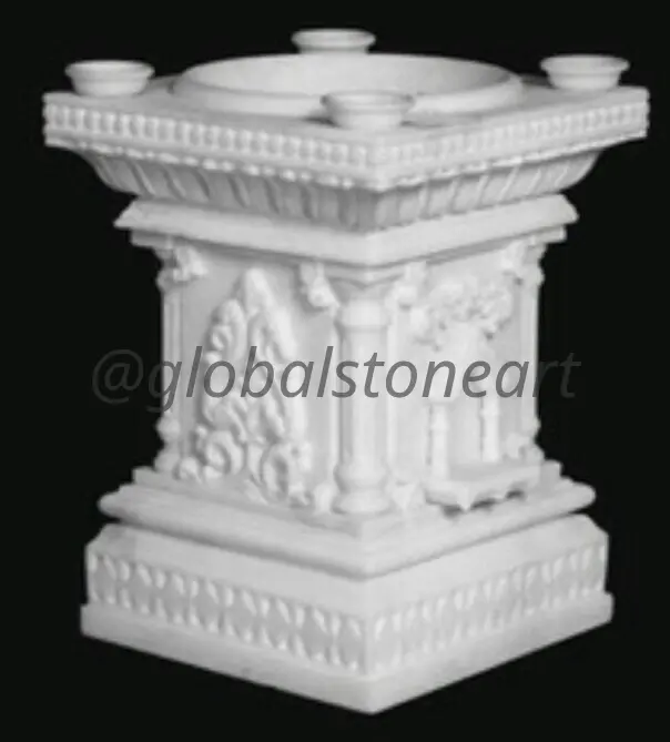 White Marble Tulsi Pota with Garland Carving & Diya Holders