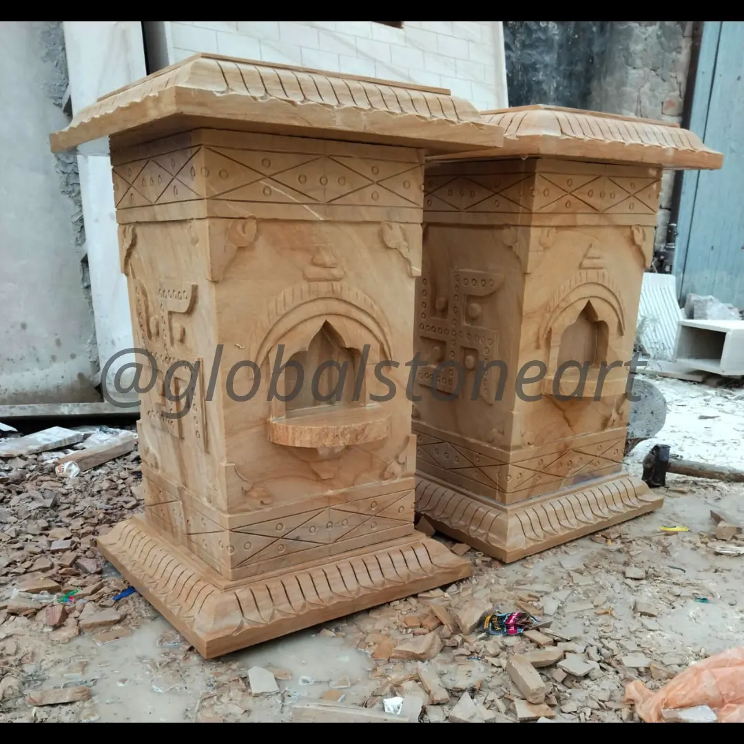 Sandstone Tulsi Pota Pair with Arched Niche & Swastika Motif