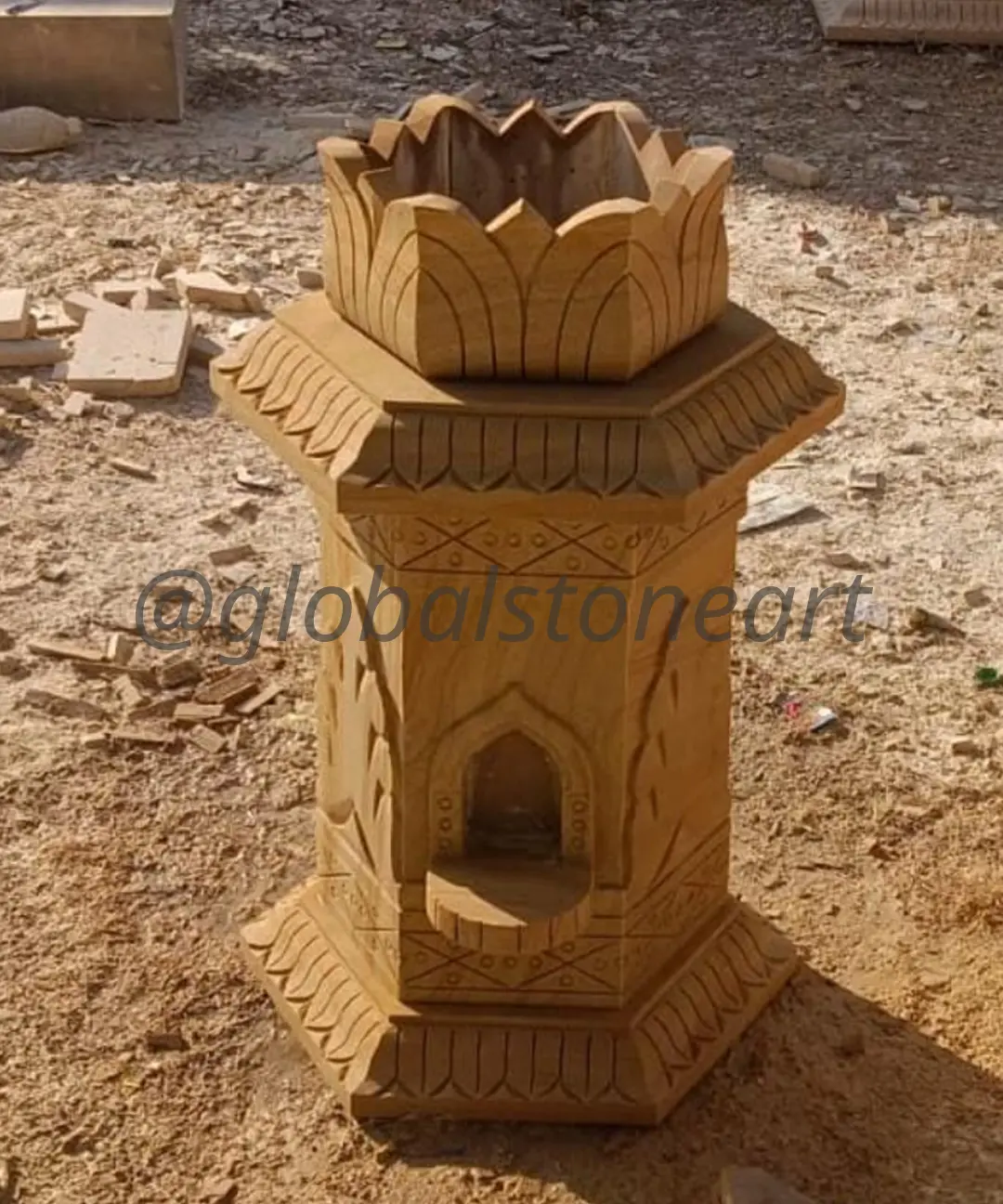 Hexagonal Sandstone Tulsi Pota with Lotus Bowl Top