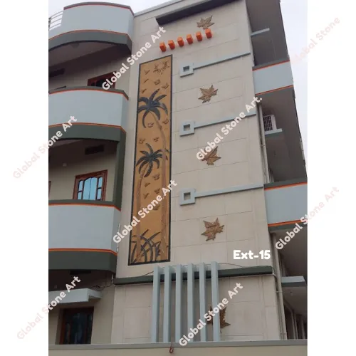 Building Facade Stone Cladding with Palm-Tree Mural Elevation Panel