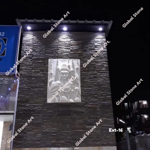 Black Ledgestone Facade Cladding with Carved Statue Relief Panel