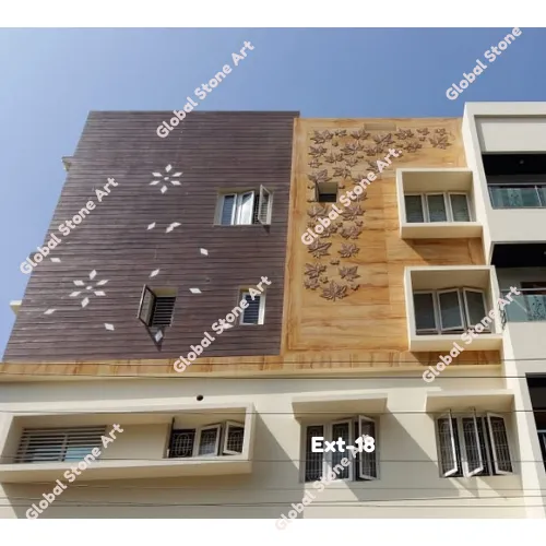 Wood-Look Stone Facade Cladding with Floral Motif Panel