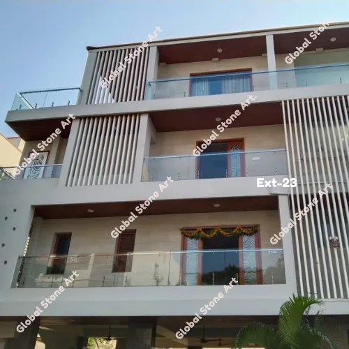 Modern Villa Facade Stone Cladding with Vertical Louver Accents