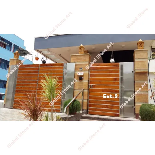 Entrance Gate with Wood-Slat & Stone Compound Wall Cladding