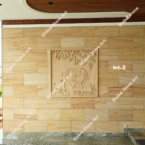 Sandstone Wall Cladding with Framed Elephant Relief Panel
