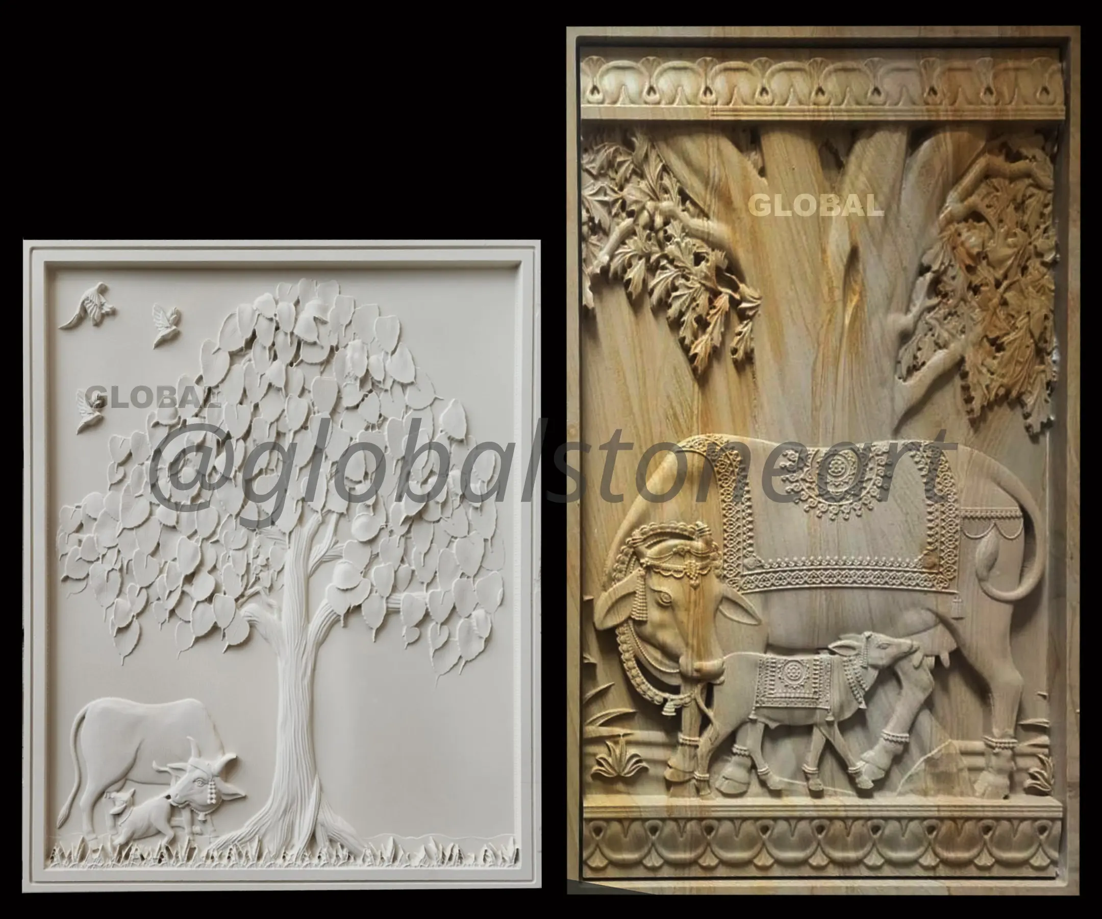 Kamadhenu Cow Under Tree Stone Wall Mural for Pooja Room