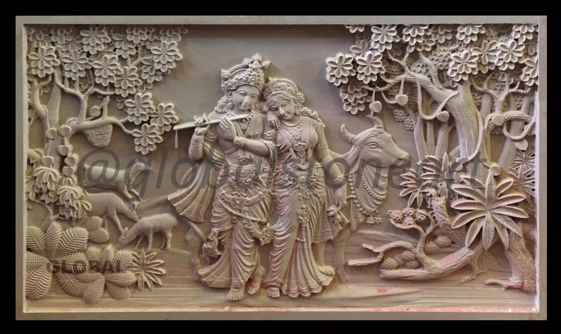 Radha Krishna with Flute Wide Sandstone Wall Mural