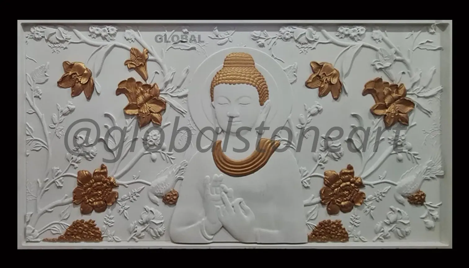 Buddha with Gold Floral Accent Stone Wall Mural