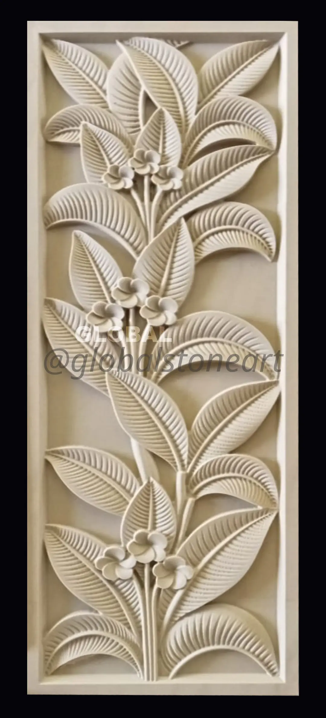 Frangipani Leaves Tall White Stone Wall Mural Panel