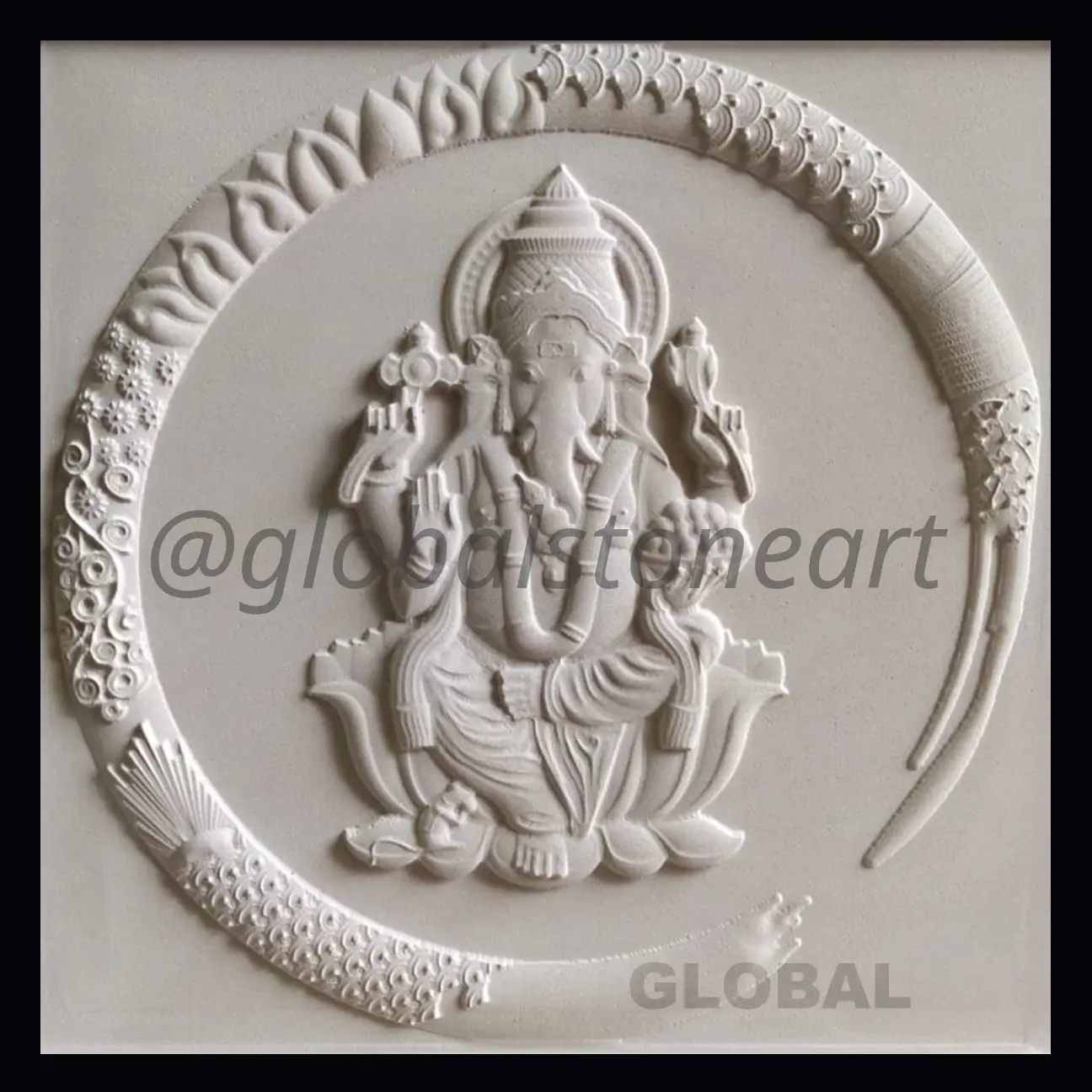 Ganesha in Crescent Tusk White Stone Wall Mural