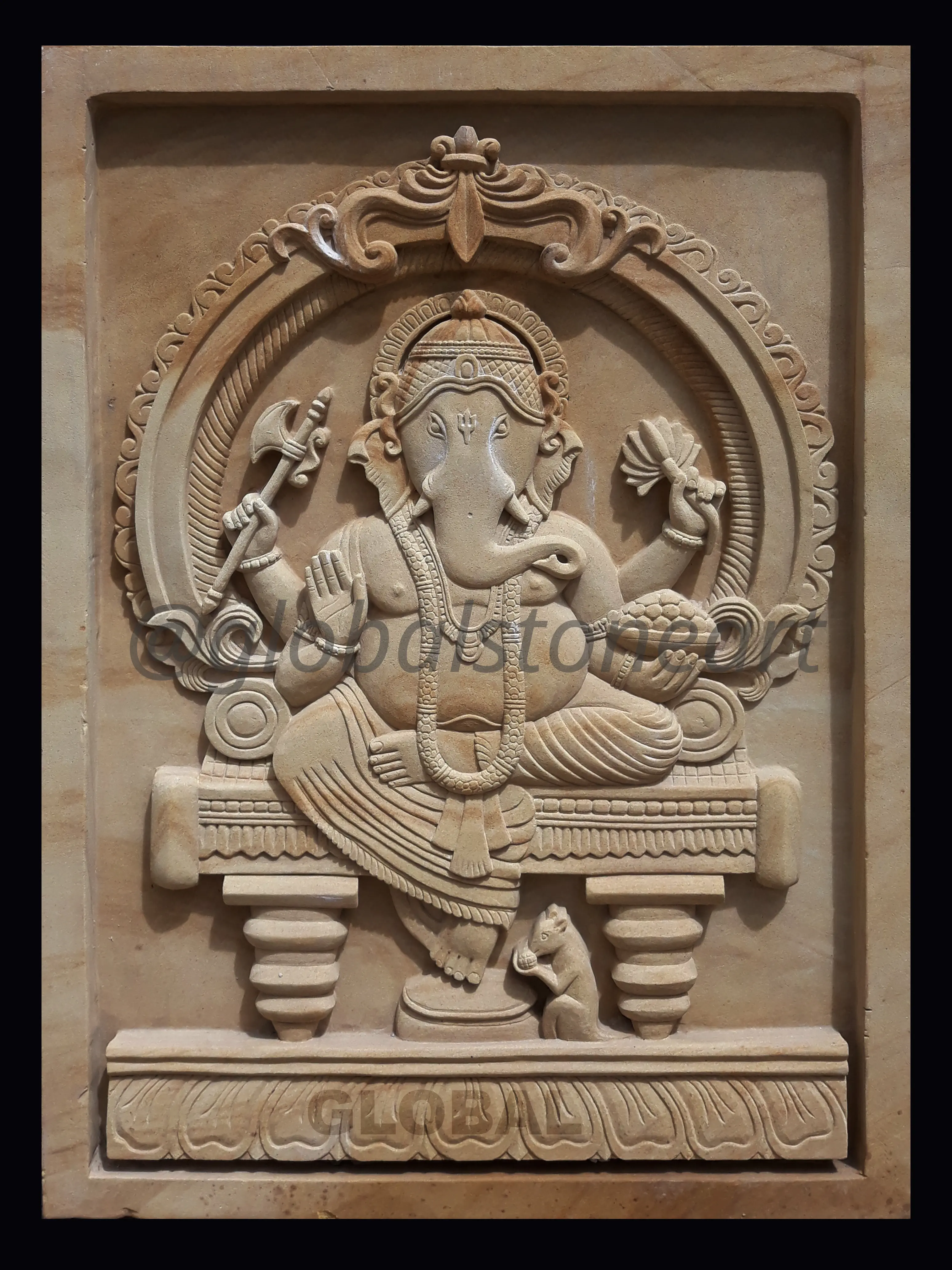 Seated Ganesha Carved Sandstone Wall Mural Panel