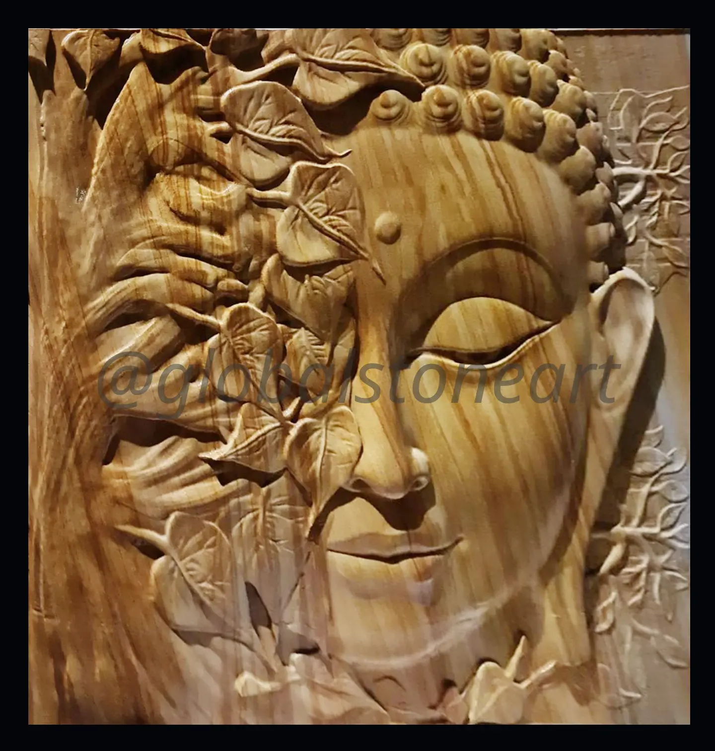 Buddha Face with Bodhi Leaves Wood-Grain Stone Mural