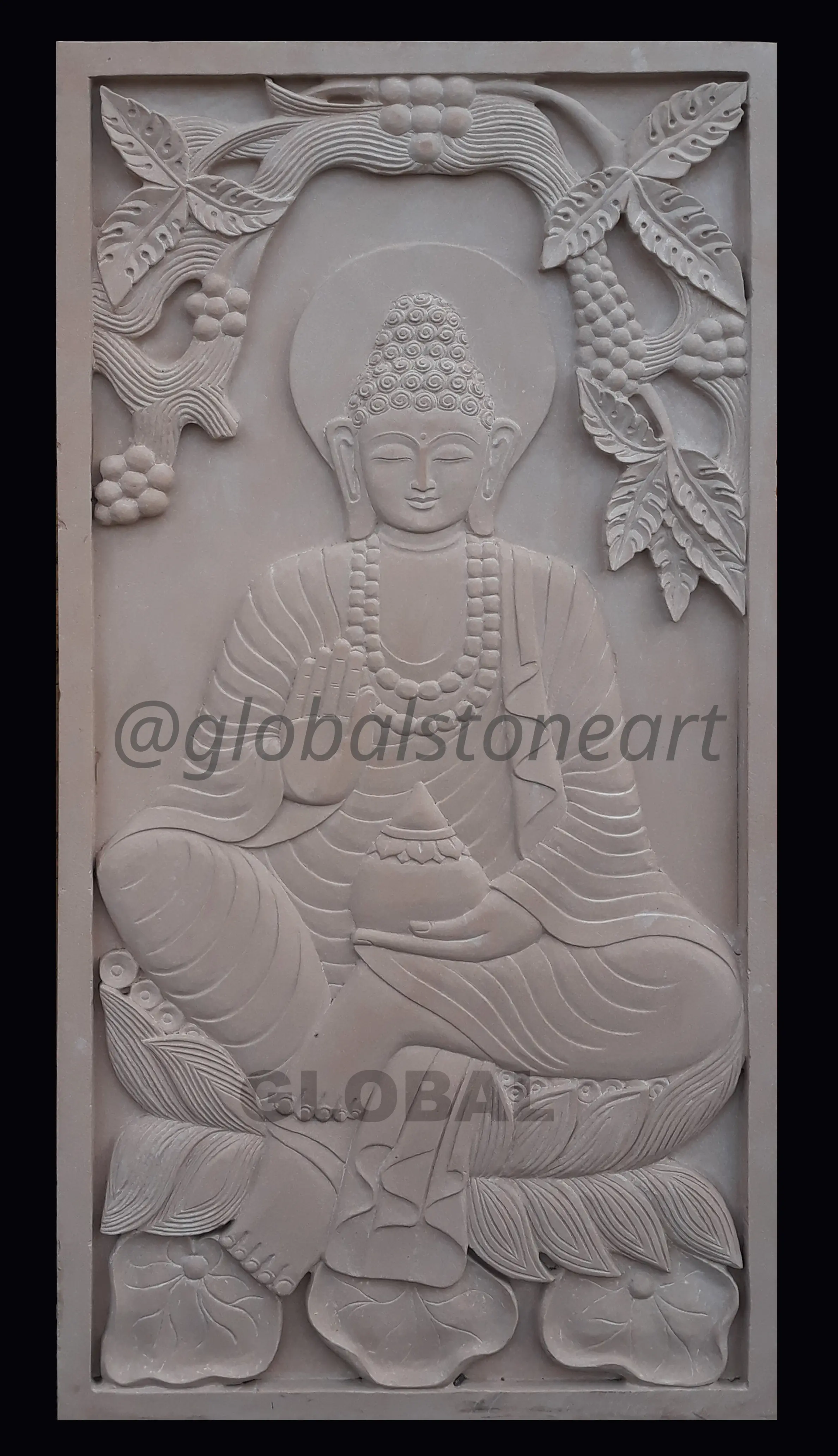 Meditating Buddha Tall Sandstone Wall Mural Panel