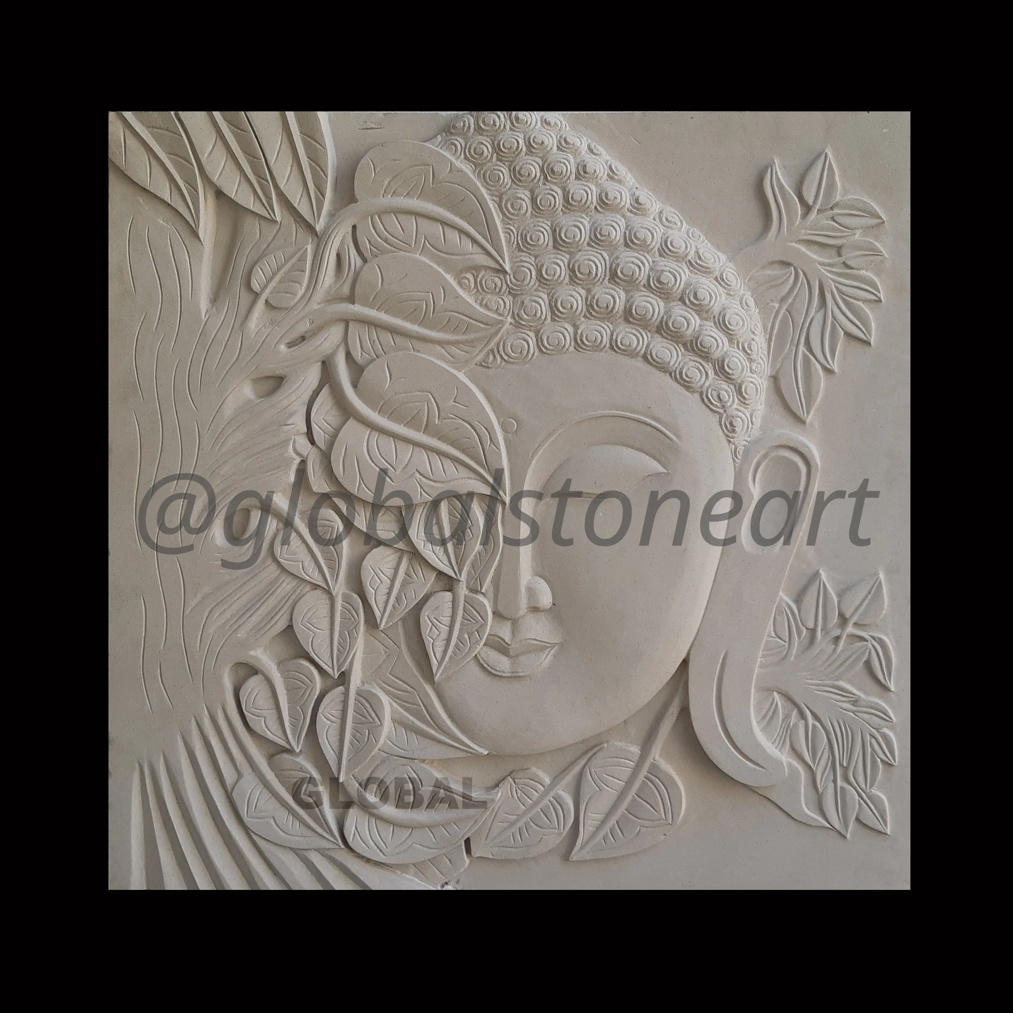 Buddha Face with Leaves White Stone Wall Mural