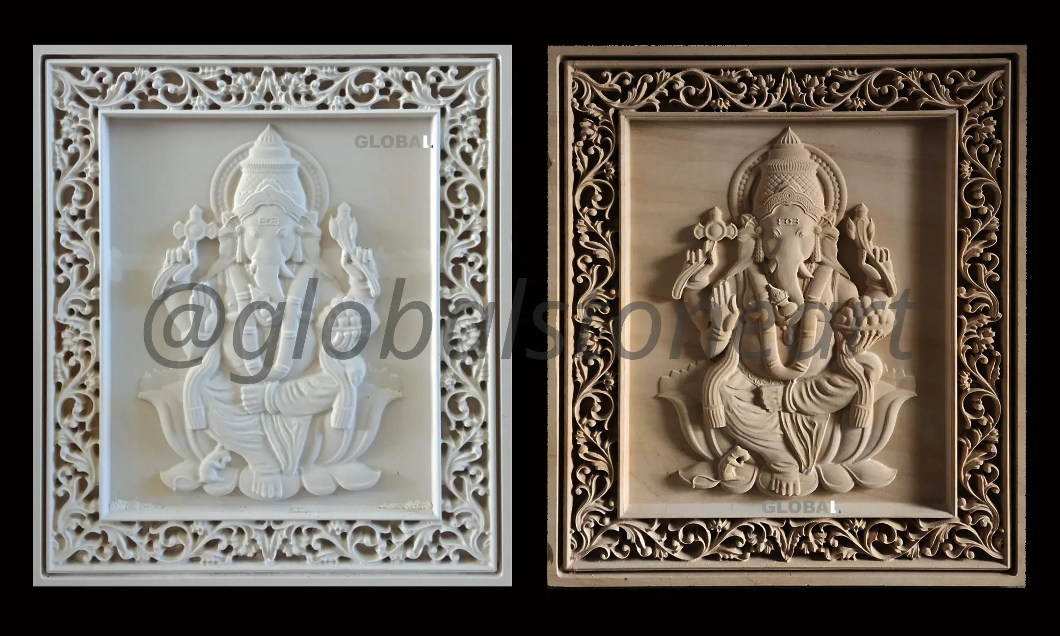 Ganesha Ornate Frame Stone Wall Mural Pair