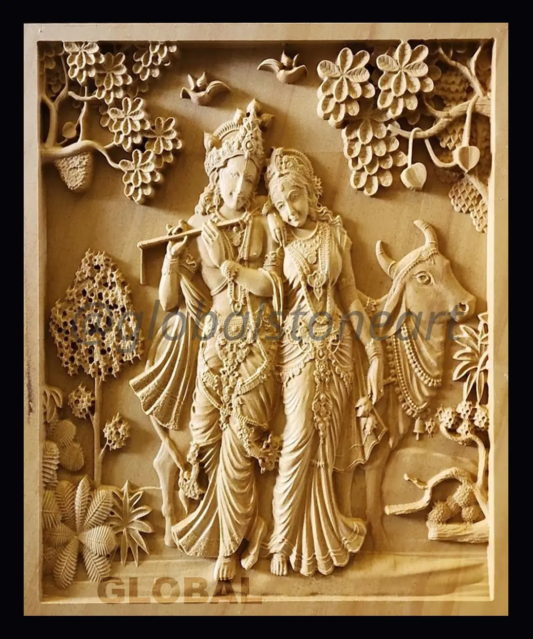 Radha Krishna with Cow Sandstone Wall Mural Panel