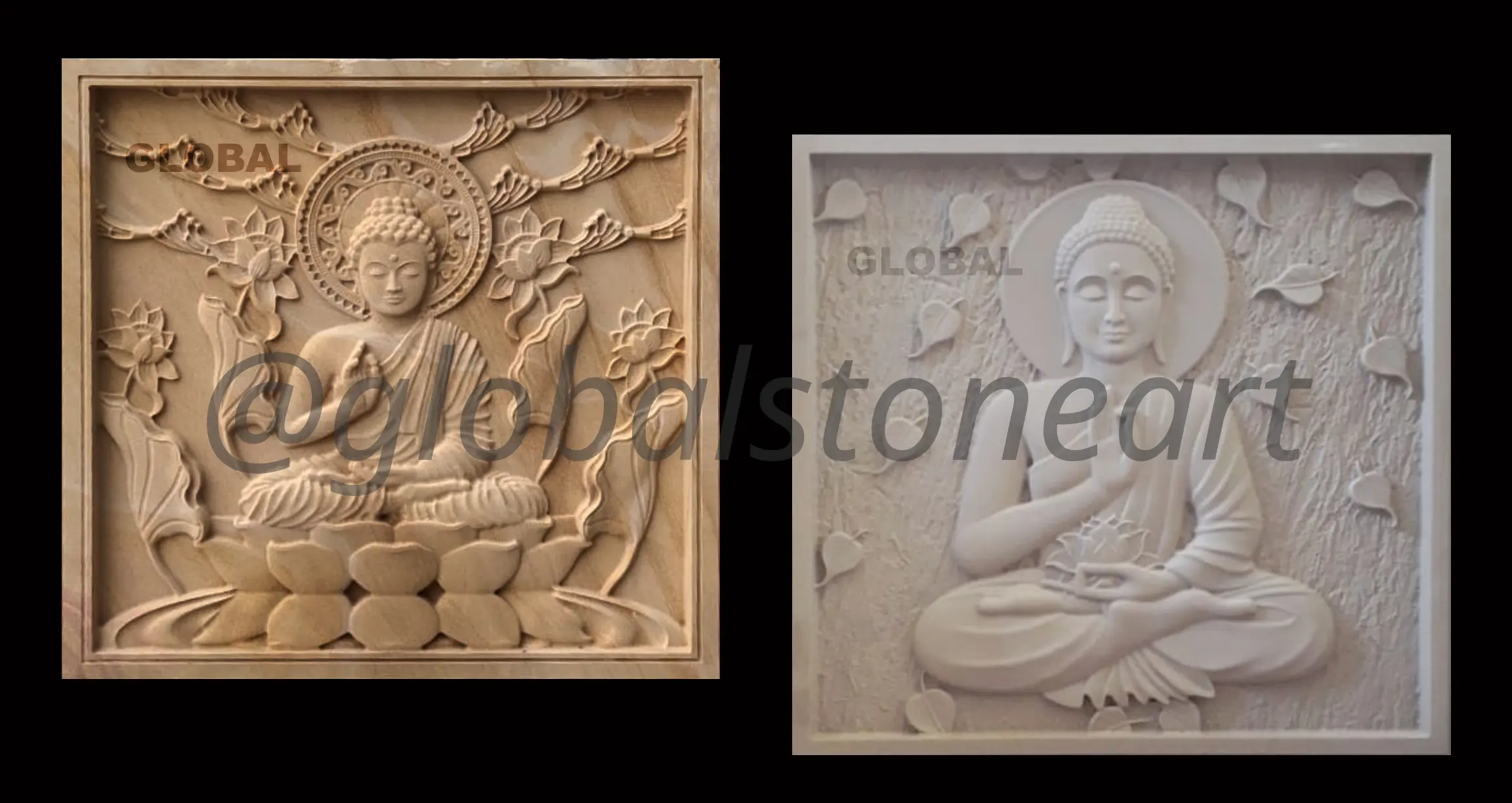 Buddha Lotus Stone Wall Mural Pair