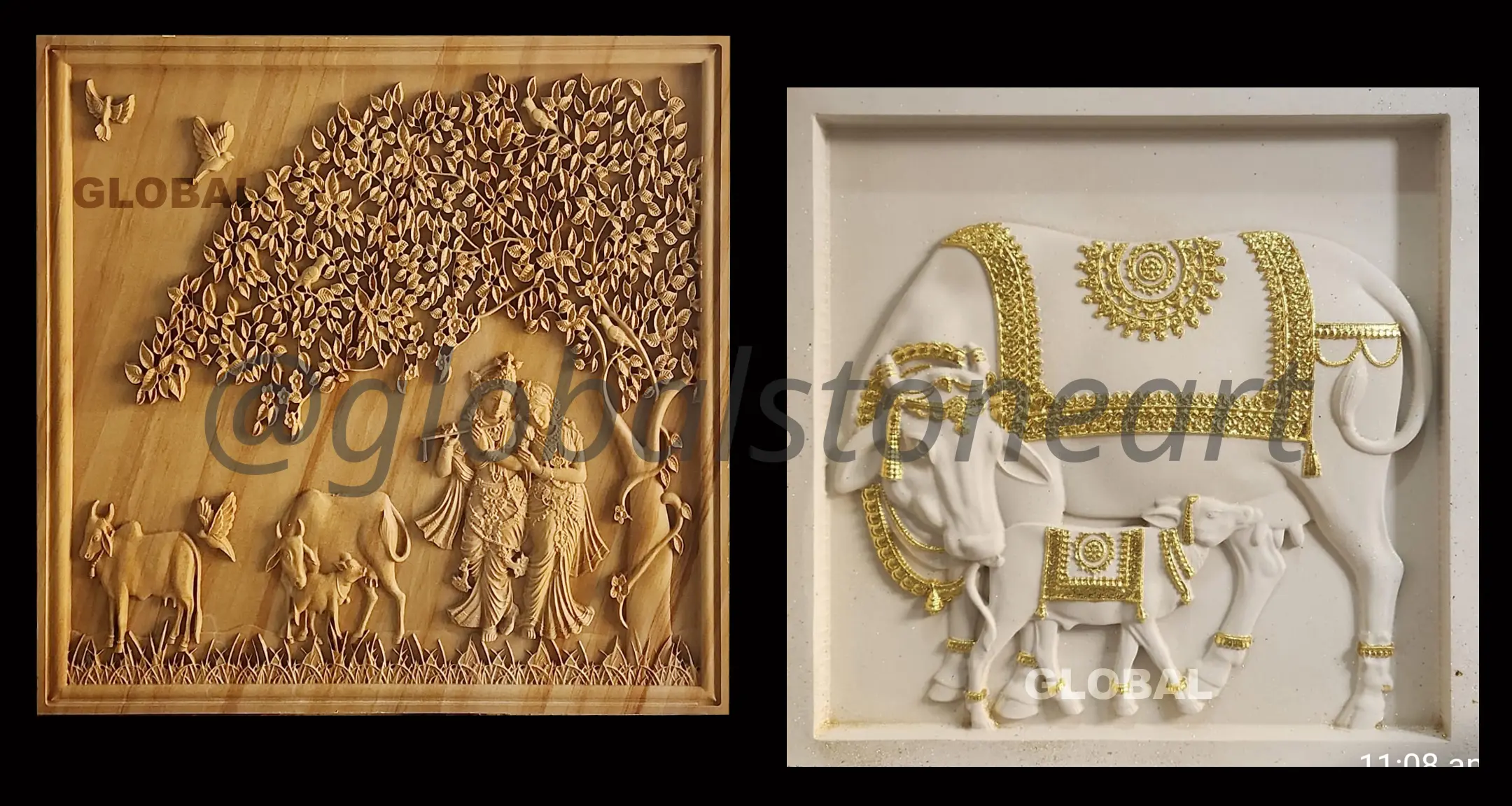 Krishna with Cows & Kamadhenu Stone Wall Mural Pair