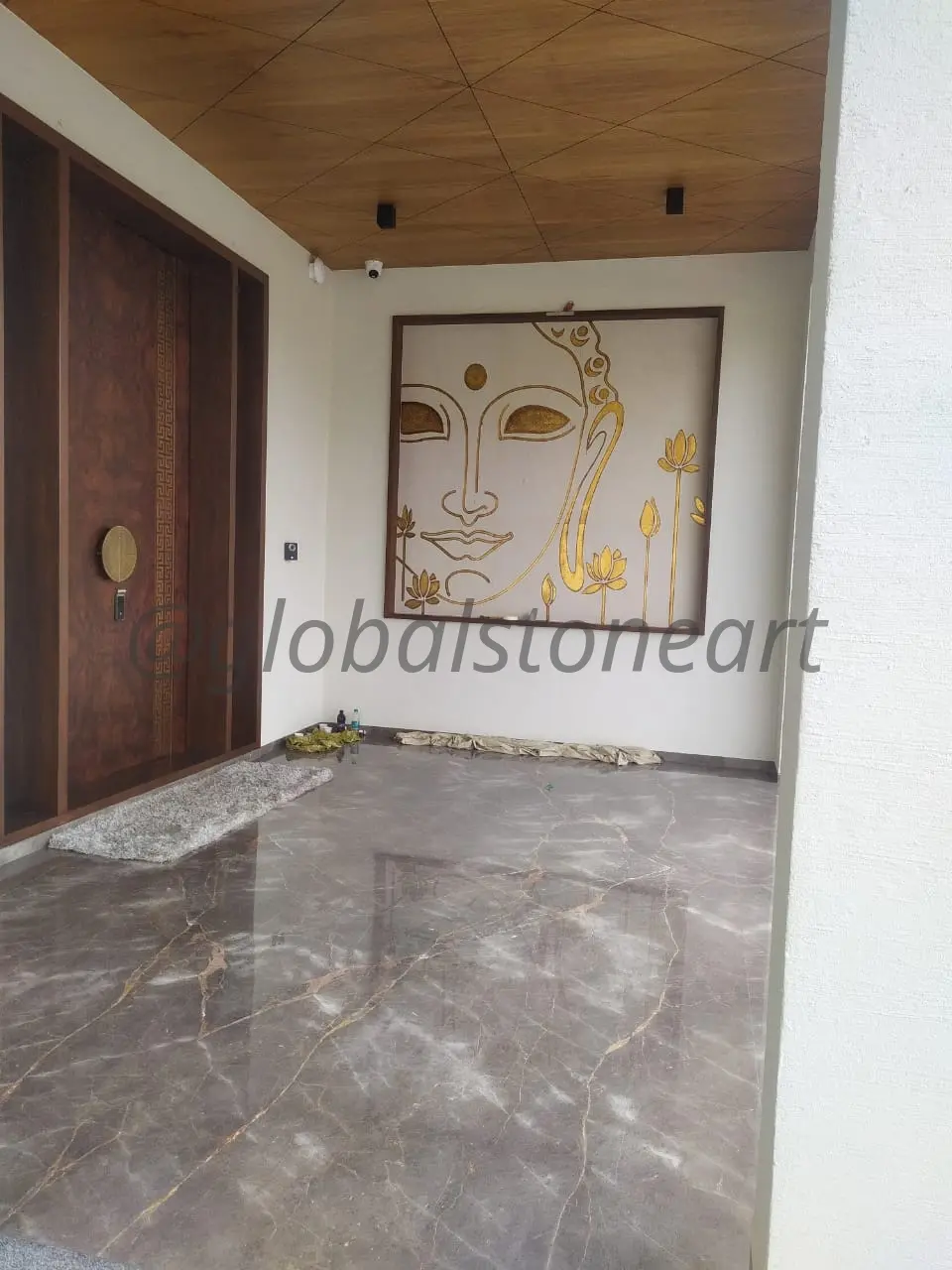 Golden Buddha Face Stone Wall Mural for Entrance