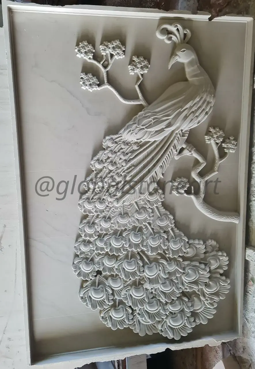 Peacock White Stone Wall Mural Panel