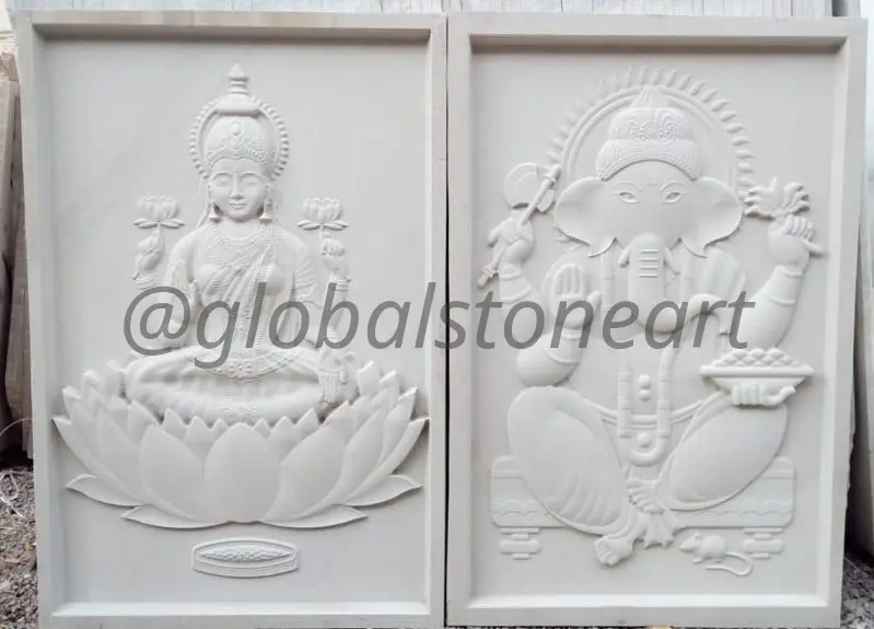 Lakshmi & Ganesha White Marble Wall Mural Pair