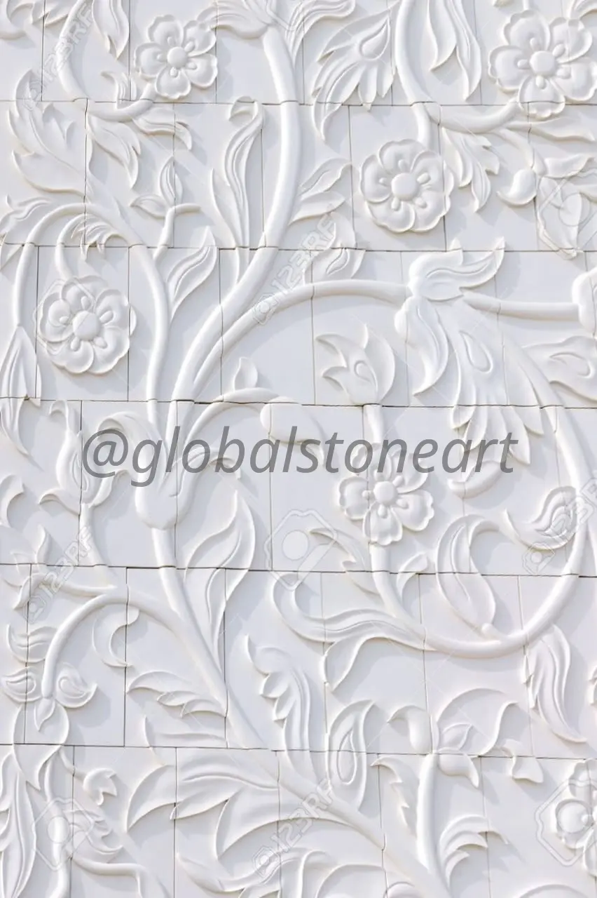 Floral Textured White Stone Wall Tiles Mural