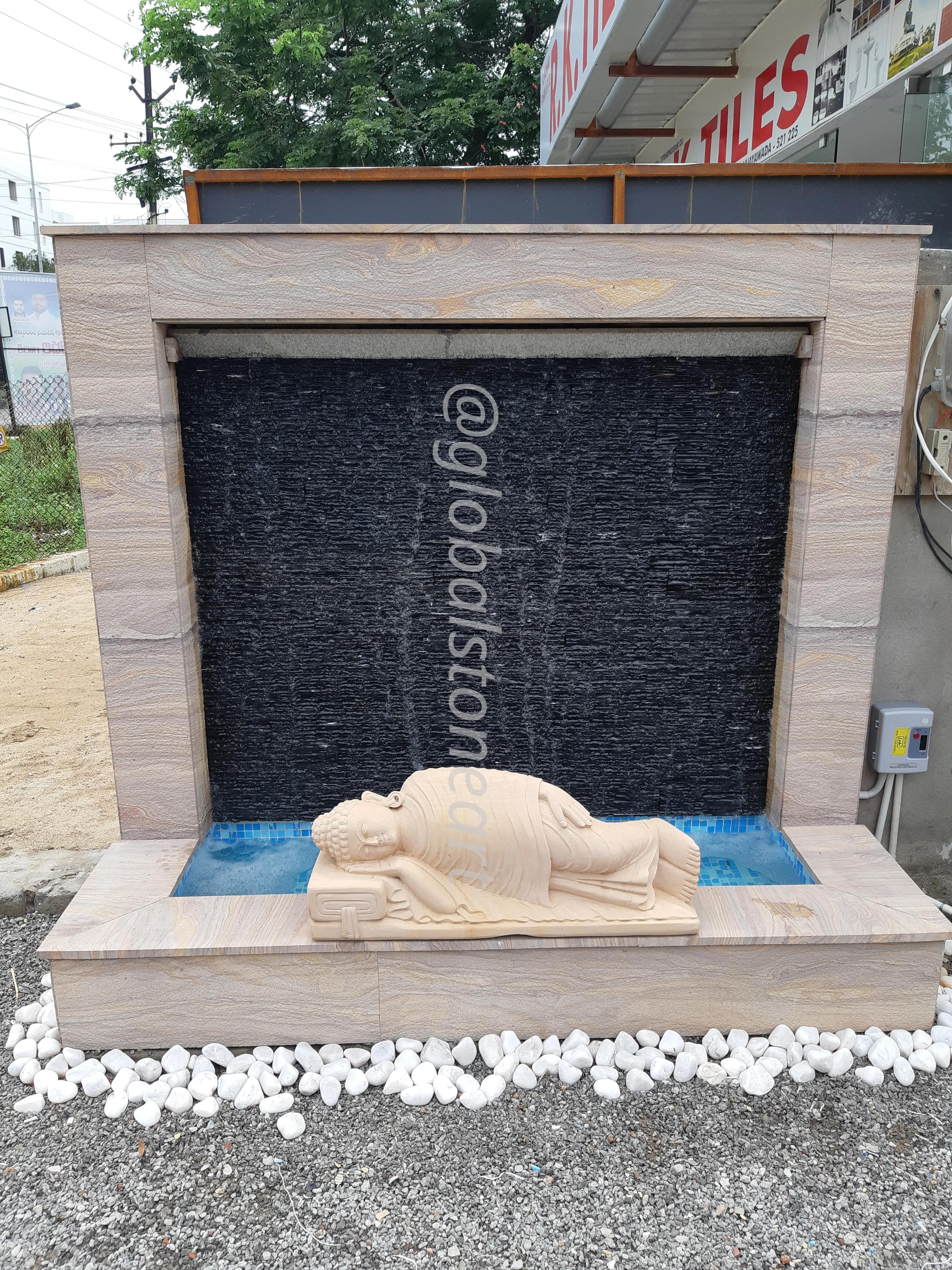 Sandstone-Framed Slate Waterfall with Reclining Figure for Front Yard
